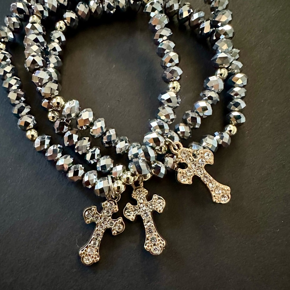(3) Elegant Silver Beaded Bracelet with Gold Cross Charm